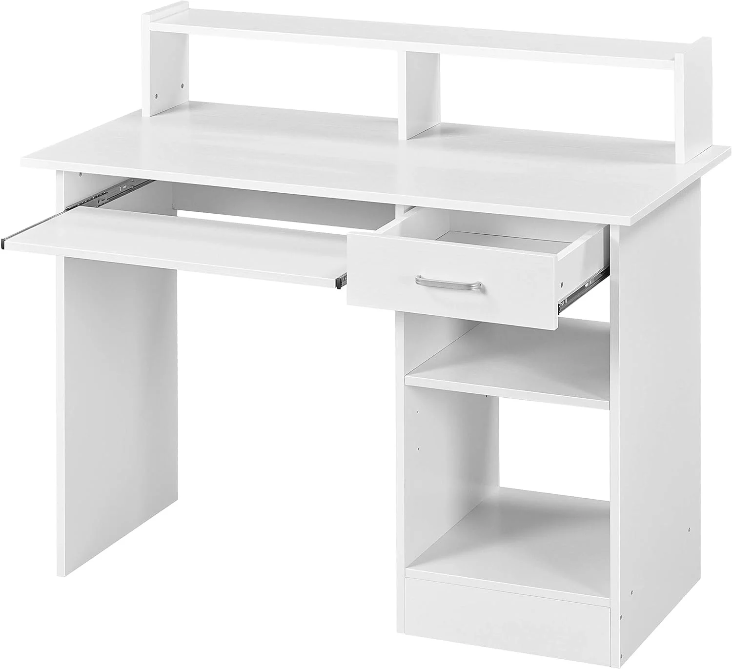 Home Office Computer Desk, Sturdy Writing Table W/ 2 Storage Shelves, Work Desk With Pull-Out Keyboard Tray And Drawers For Living Room, Multipurpose Modern PC Desk, White