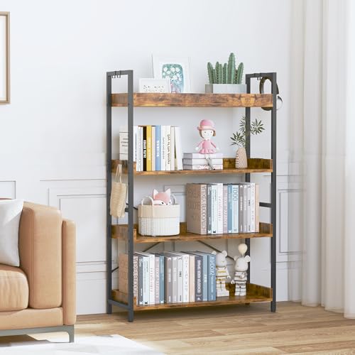 HCHQHS Adjustable 6 Tier Open Bookcase, Rustic Farmhouse Book Shelves, Industrial Wood and Black Metal Bookshelves, Mid Century Bookcase for Home Office Living Room Bedroom