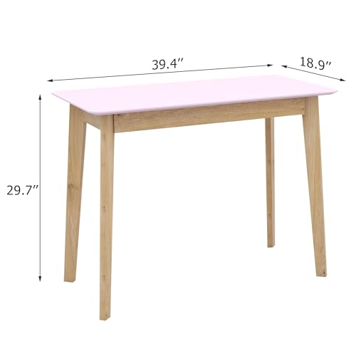 TaoHFE Pink Vanity Desk with Solid Rubber Wood Legs Glossy Pink 39 Inch Vanity Table Computer Desk for Home Small Spaces Girl Makeup Desk Modern Vanity Desk No Mirror Dressing Table for Bedroom