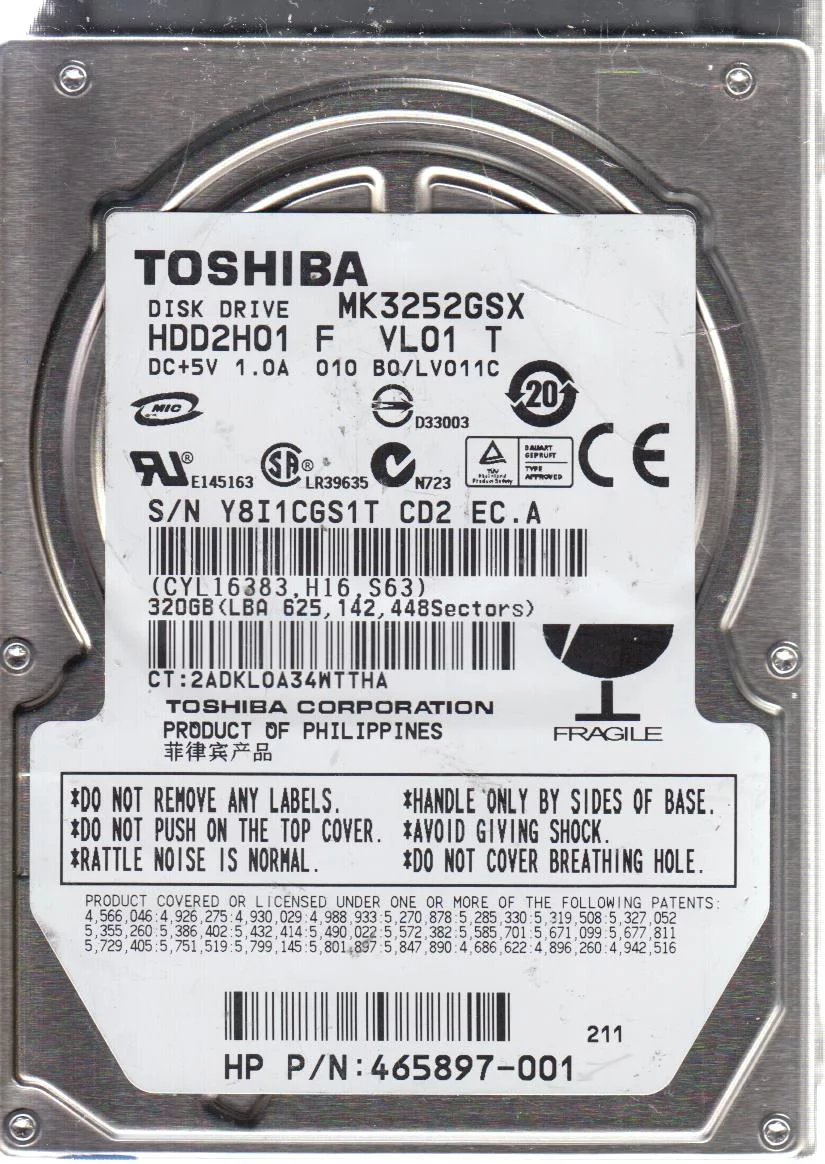 MK3252GSX, B0/LV011C, HDD2H01 F VL01 T, Toshiba 320GB SATA 2.5 Hard Drive