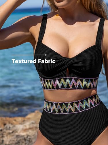 CUPSHE Women's Bikini Sets Two Piece Bathing Suit High Waisted V Neck Front Keyhole Twist Adjustable Straps