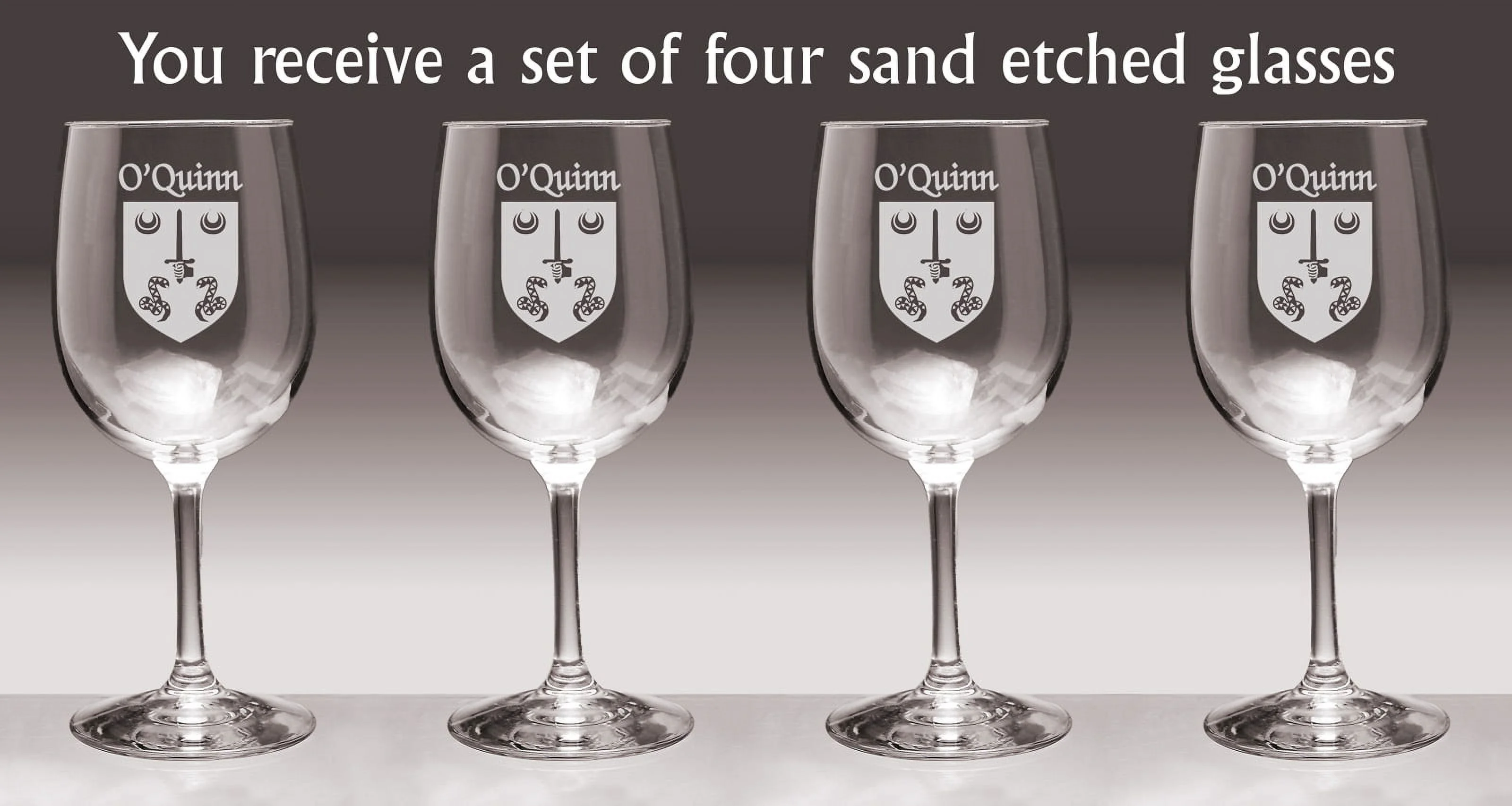 O'Quinn Irish Coat of Arms Wine Glasses - Set of 4 (Sand Etched)