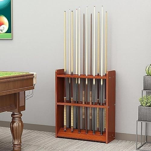 Teak Wooden Billiard Cue Rack Stand - Freestanding Pool Stick Holder for 12 Cues, Easy Assembly, Space-Saving Design for Home & Club Use
