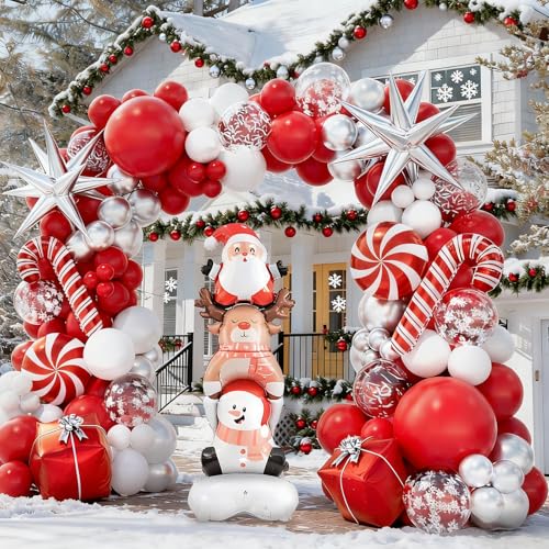 Christmas Balloon Garland Arch kit with Red White Silver Balloons, Confetti Balloons, Candy, Cane, Explosion-Star, Gift Box, santa-claus elk snowman combo Foil Balloons for Xmas Party Decorations