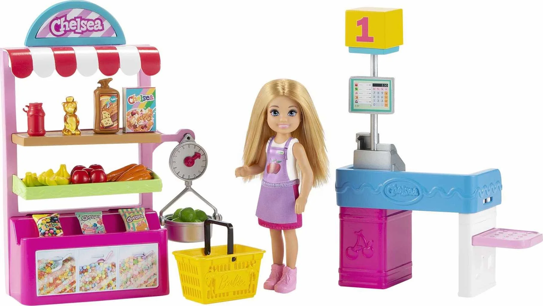 Barbie Chelsea Can Be Snack Stand Playset with Blonde Small Doll & 15+ Grocery-Themed Accessories