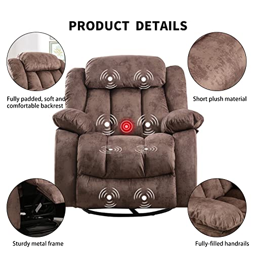INZOY Massage Swivel Rocker Recliner with Heat and Vibration, Manual Rocking Recliner Chair with Vibrating Massage, Comfy Padded Overstuffed Soft Fabric Heated Recliner, Brown