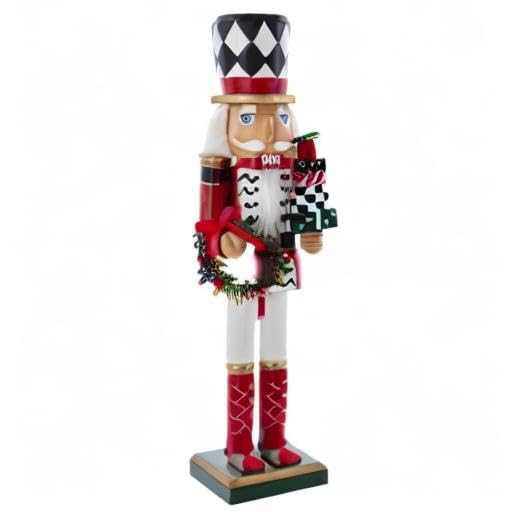 Kurt S. Adler 15-Inch Red, White and Black Nutcracker with Gift Box and Wreath