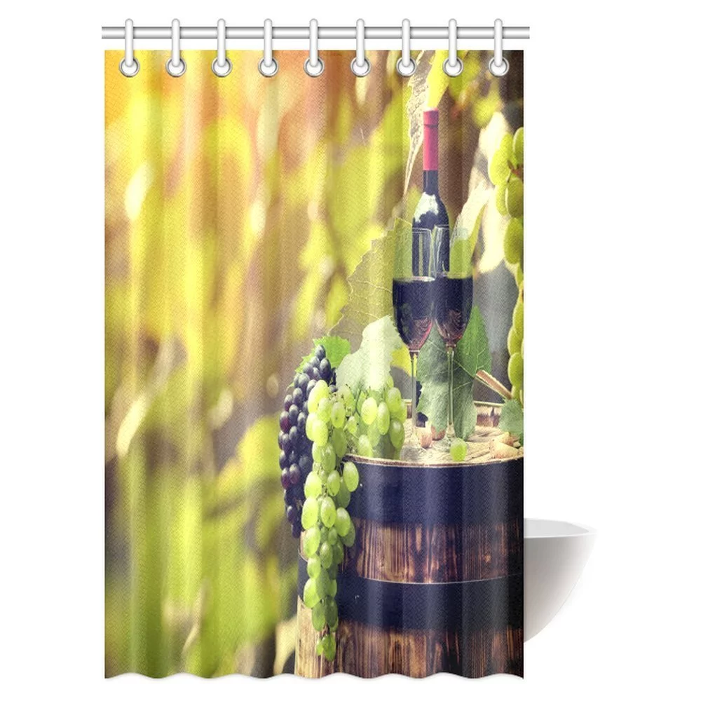 MYPOP Red Wine Bottle and Wine Glass on Old Barrel at Sunset in Chianti Tuscany Italy Landscape Fabric Bathroom Shower Curtain Set with Hooks, 48 X 72 Inches