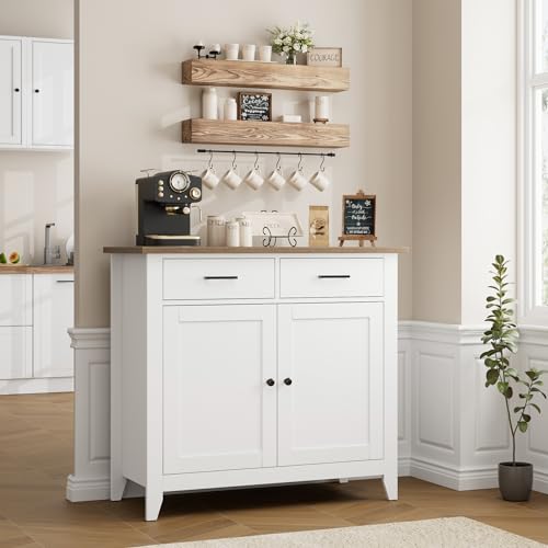 HORSTORS Kitchen Storage Cabinet, Modern Farmhouse Buffet Cabinet with Storage, Coffee Bar with 2 Drawers and 2 Doors, Floor Sideboard Buffet for Living Room, Dining Room, Bathroom, Grey