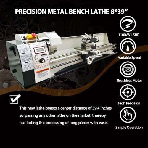 Metal Lathe 8''x39'' Benchtop Lathe Machine Pricision Hobby DIY Table Lathe Industrial Metal Wood Working Spinning Horizontal Lathe 1100W Brushless Motor 50-2500RPM Inch Thread WM210V 110V