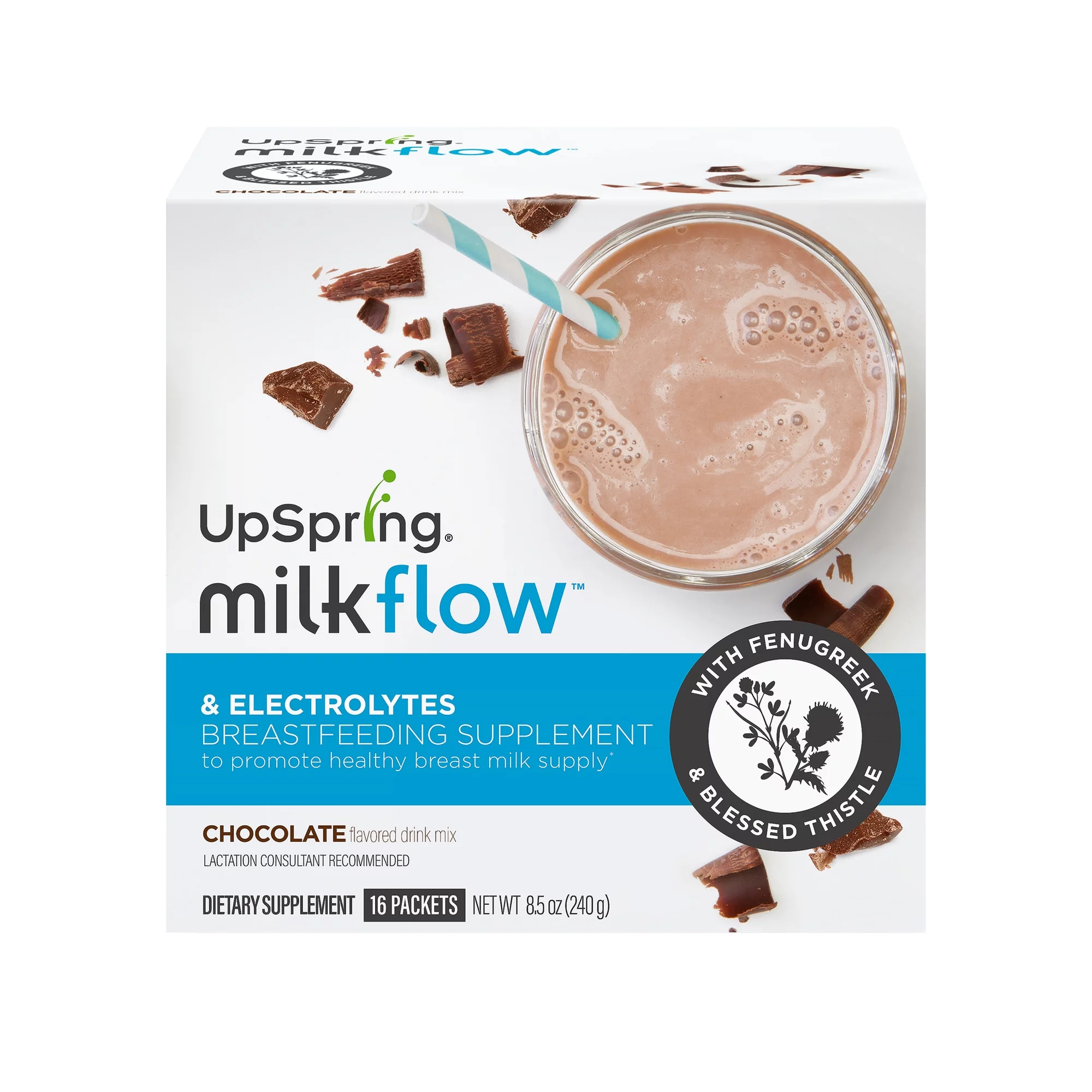 UpSpring Milkflow Breastfeeding Supplement with Electrolytes, Chocolate Flavor, 16 Ct