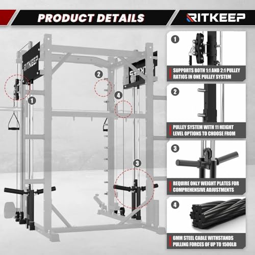Smith Machine with Jammer Arms & Leg Press with Adjustable Dual Pulley Ratio (1:1 & 2:1), PMAX-4750 All-in-One Commercial & Home Gym Equipment, Heavy-Duty Steel Frame by RitKeep