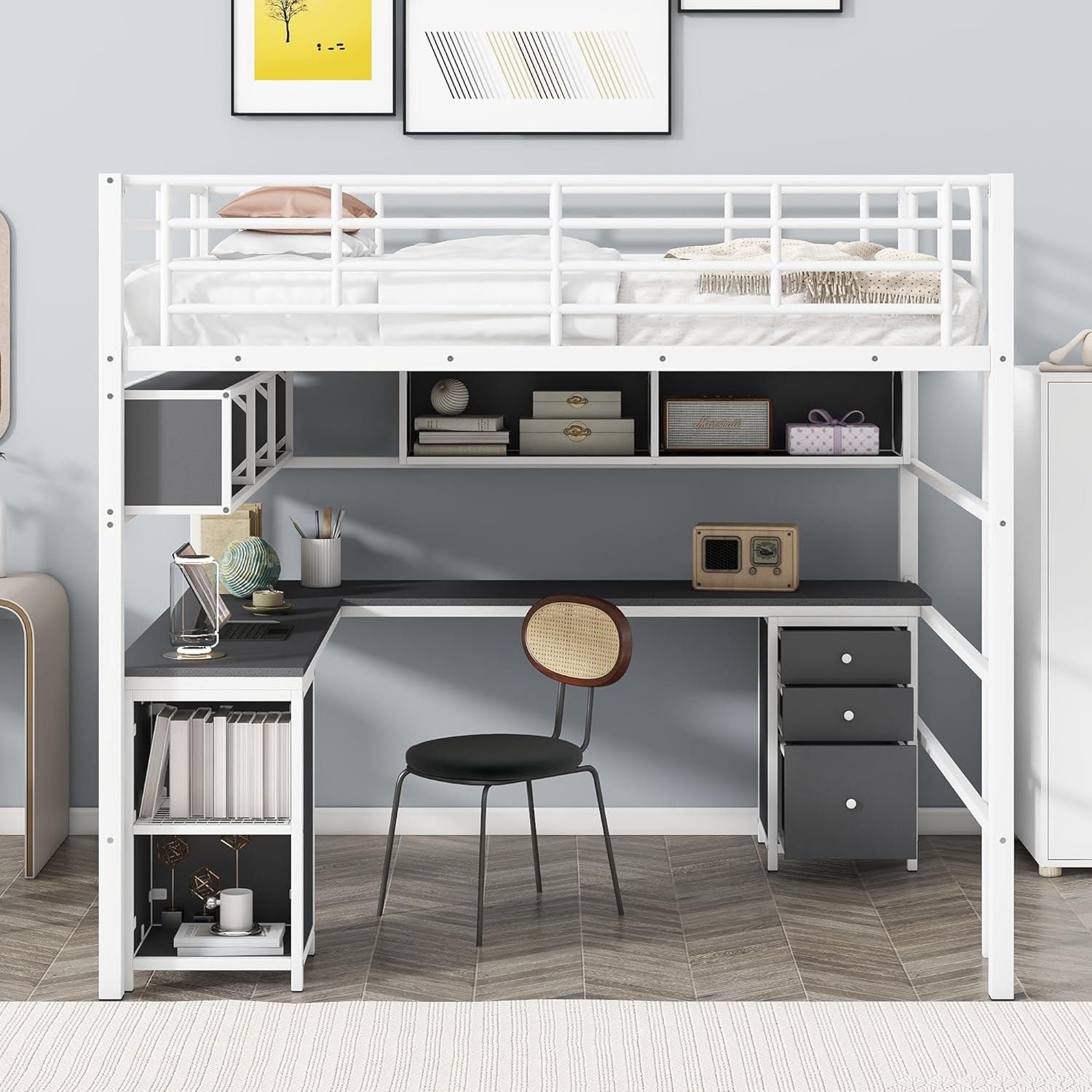 Metal Loft Bed with bookcase, desk and cabinet, Full, White