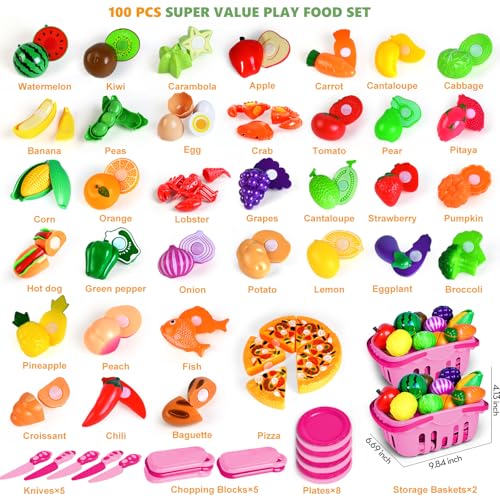 100 Pcs Play Food Set for Kids Kitchen, Pretend Food Toy for Toddlers Age 1-3, Plastics Cutting Fake Food/ Fruit/ Vegetable Accessories with 2 Baskets, Birthday Gifts for 2 3 4 5 Years Old Boys Girls