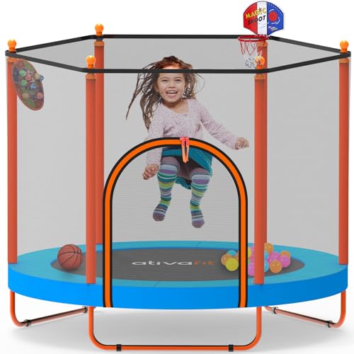 Ativafit 60'' Rebounder Trampoline Indoor Outdoor for Kids Ages 1-8, 5 FT Recreational Toddler Trampoline with Safety Enclosure Net Gifts with Basketball Hoop Dartboard Ocean Bal