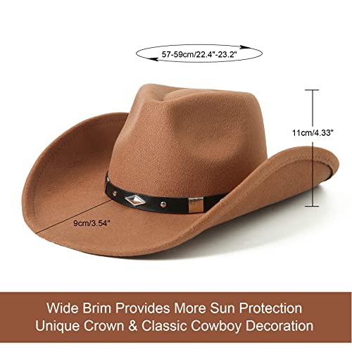 Lanzom Women Men Classic Felt Wide Brim Western Cowboy Cowgirl Hat with Belt Buckle