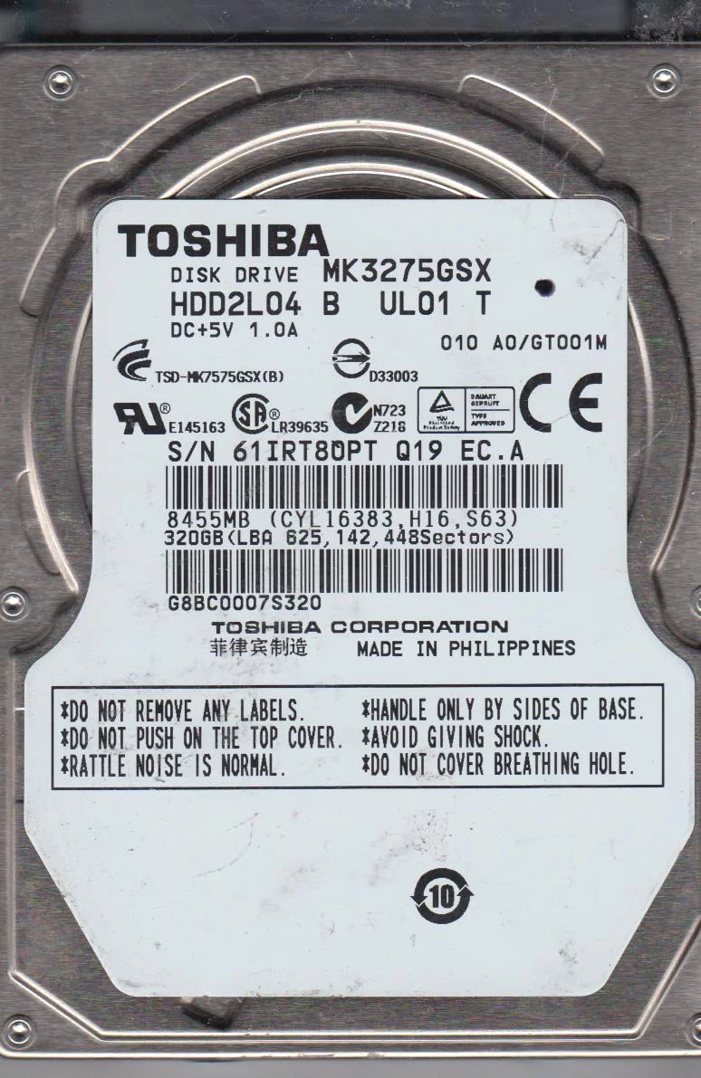MK3275GSX, A0/GT001M, HDD2L04 B UL01 T, Toshiba 320GB SATA 2.5 Hard Drive