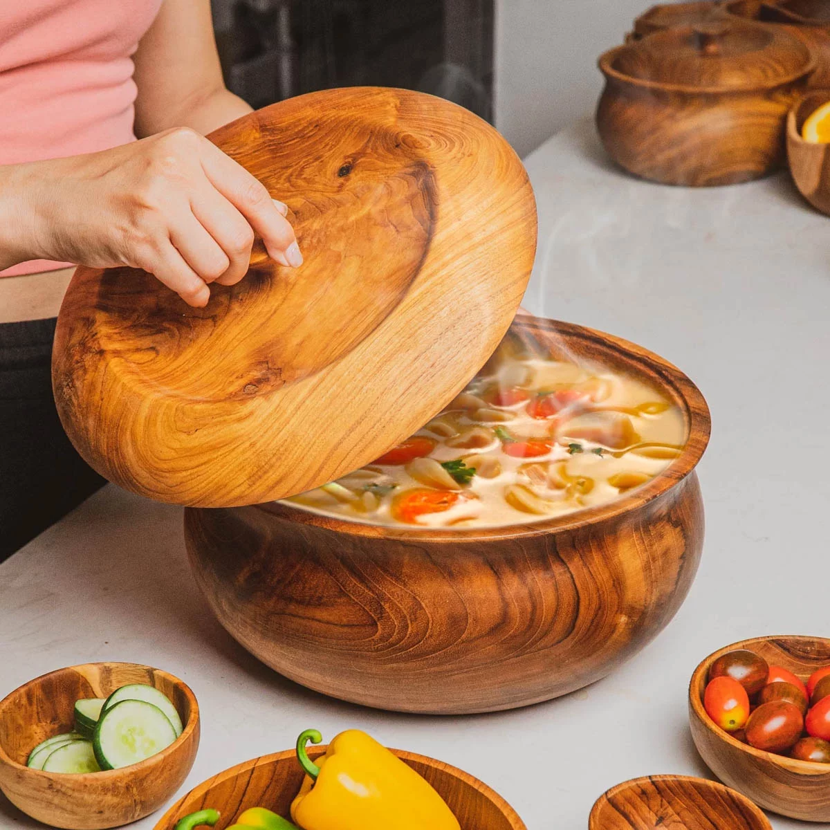 Ripple Teak Wood Salad Serving Bowl with Lid