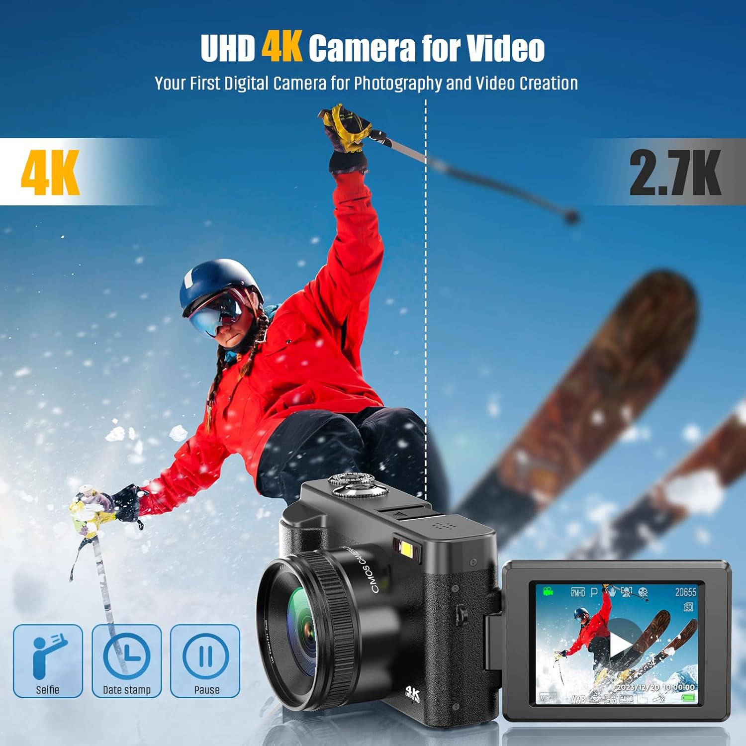 4K Digital Camera for Photography Autofocus 48MP Vlogging Camera for YouTube with 3'' 180°Flip Screen 16X Digital Zoom 4K Video Compact Travel Camera with SD Card,Flash, Anti-Shake, 2 Batteries