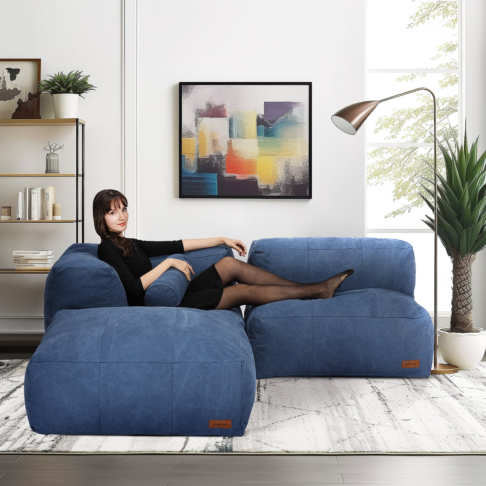 tantohom Giant Bean Bag Chair, 119 inch Module Bean Bag Sofa, Memory Foam Filled, Canvas Cover - Ultra Soft, Removable and Washable, Living Room Bedroom Dorm Gaming, Blue