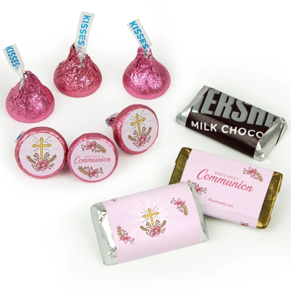 Girl 1st Holy Communion Candy Party Favors in Bulk (Approx. 100 Pcs Milk Chocolate Kisses & 40 Pcs Wrapped Miniatures) - Pink