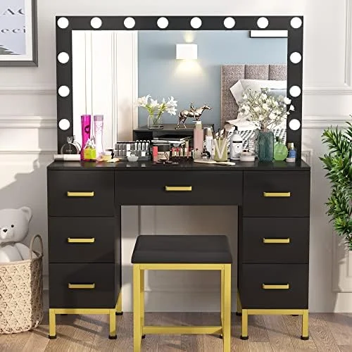 RUNFAYBIU Vanity Set with Lighted Mirror  44''  Vanity Dressing Table with 14PCS LED Bulbs  Vanity Desk with Cushioned Stool & 7 Drawers for Bedroom(Black&Retro Brown)