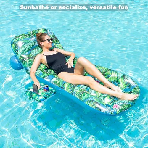 FindUWill Pool Floats Chairs Adult - 2 Pack 65'' x 42'' Large Pool Float Chairs, Inflatable Pool Lounger with Cup Phone Holder, Backrest, Footrest, Tanning Pool Lounge