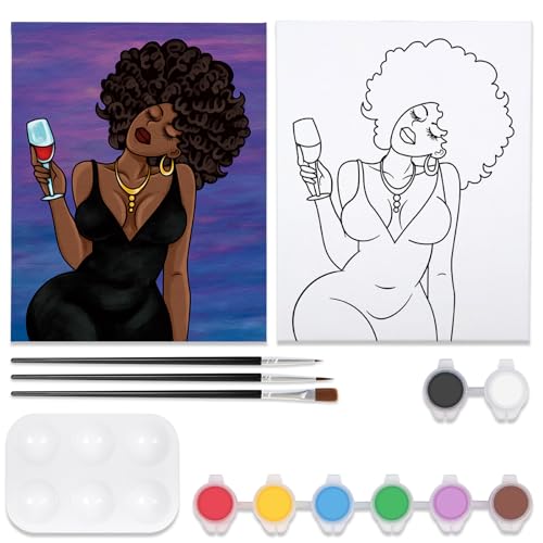 VOCHIC Paint and Sip kit, Pre Drawn Canvas Painting Kit for Adults Kids Painting Twist Party Supplies to Paint Chic Girl Art Set for Beginner Gift Favor, 8 Acrylic Colors, 3 Brush,1 Pallet(12x16)