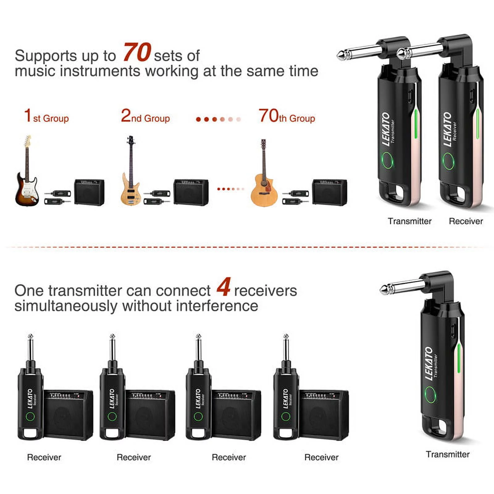 LEKATO WS-70 190Wireless Guitar Audio System Transmitter Receiver 70 Channels 40M Range 550-600MHz UHF Frenquency