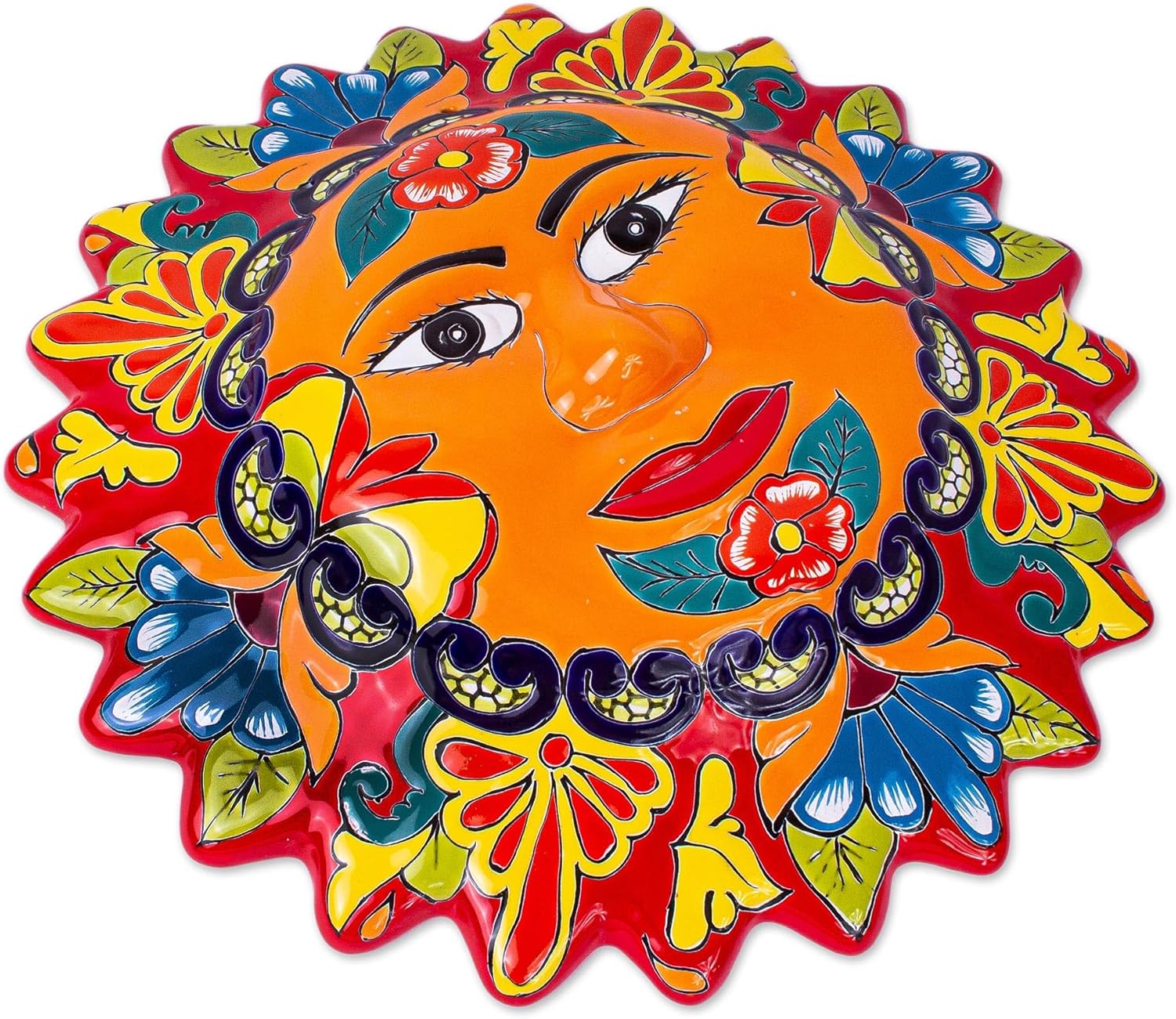 NOVICA Handmade Talavera Style Ceramic Plaque Colorful Floral Sun Wall from Mexico Multicolor Decor Plaques [17in H x 17in W x 2.8in D] 'Pure Sun'