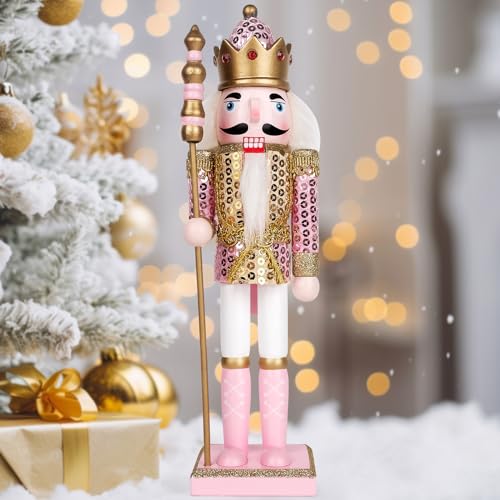 Anwenk Pink Nutcracker Christmas Decor,Handmade Wooden Christmas Nutcracker Figure Nut Cracker King, Festive Collectible Ornament Decoration for Home Decor, 12”