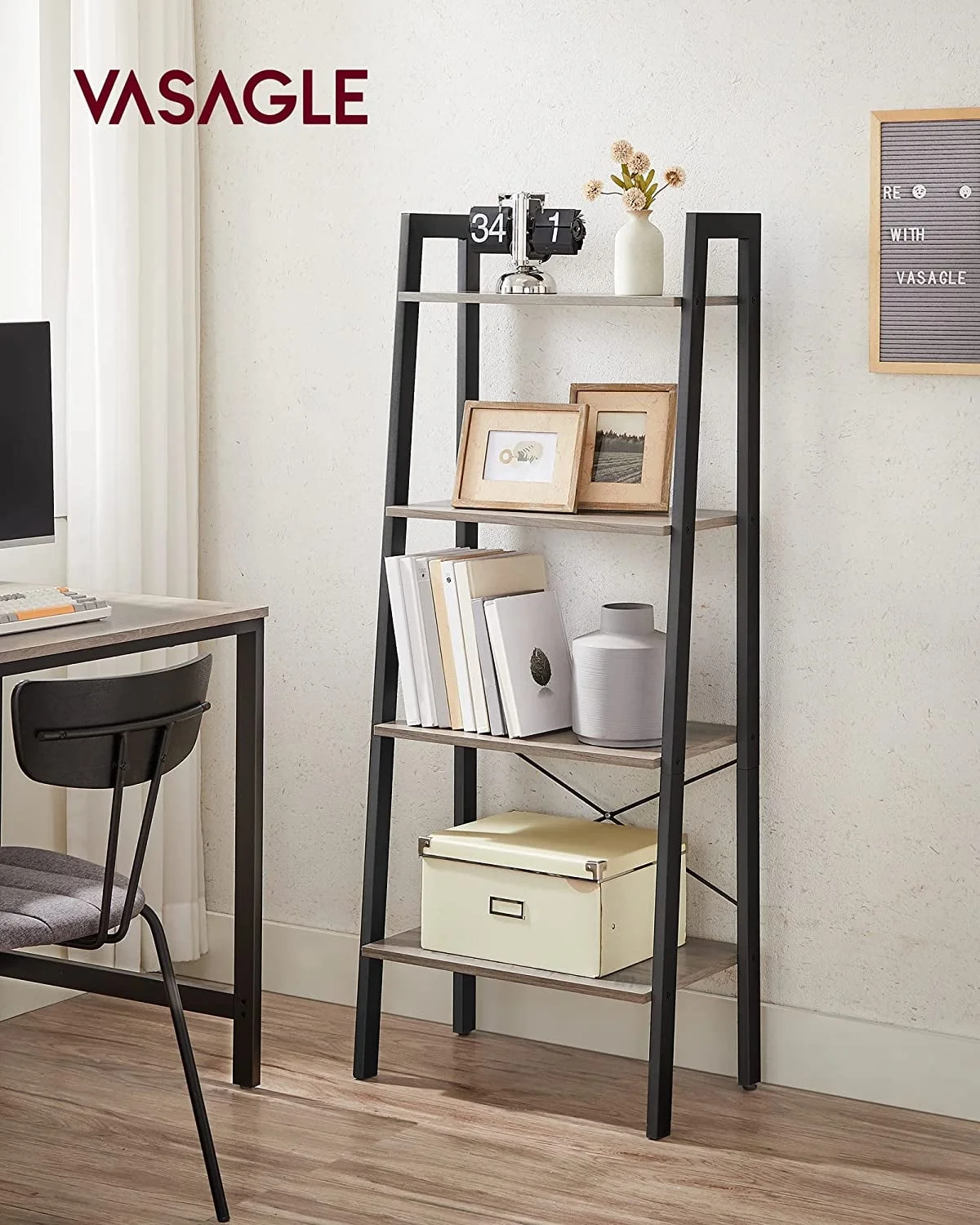 AK Modern 4-Tier Ladder Bookshelf Greige & Black Space-Saving 12.6