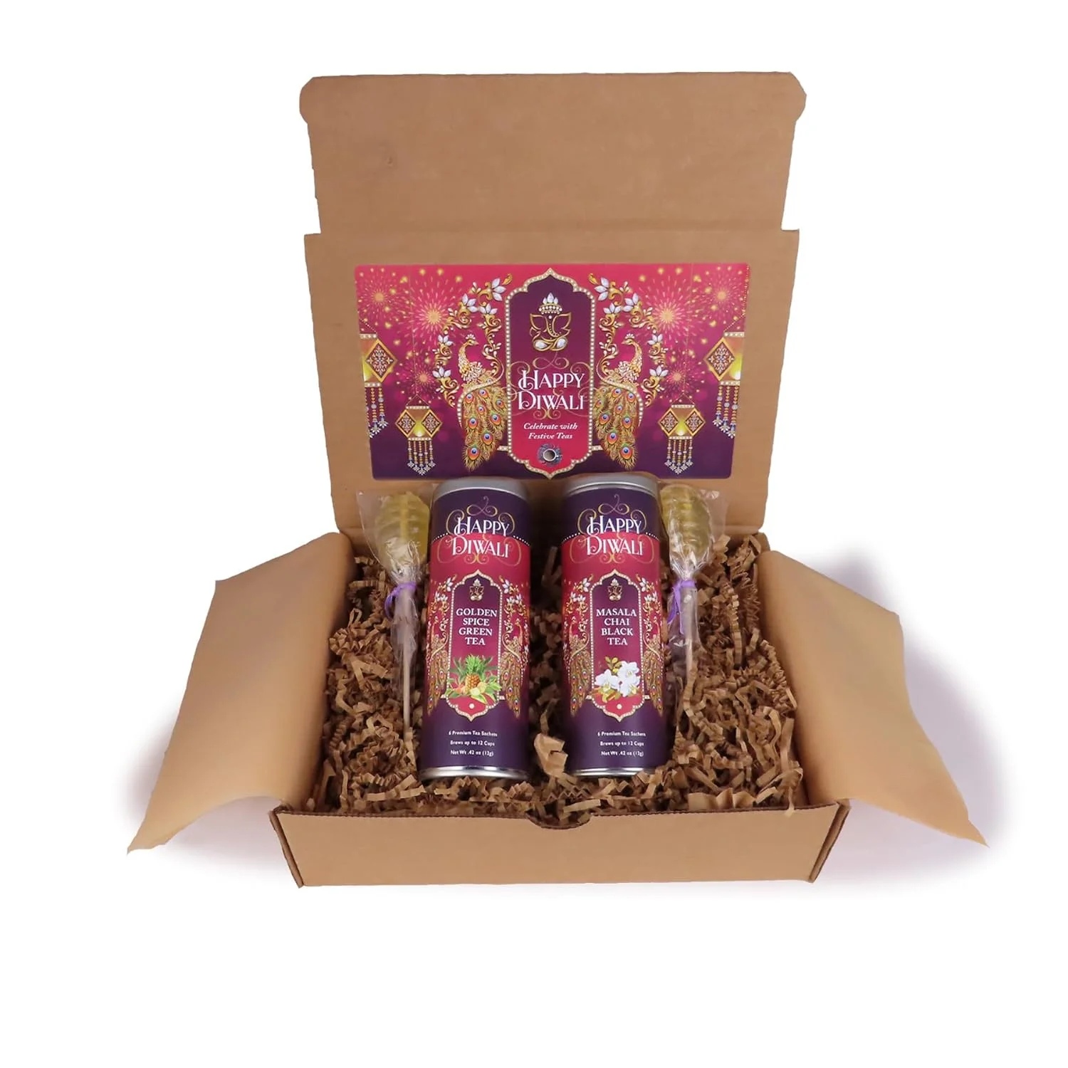Diwali Gift Box By | 2 Gourmet Teas, 2 Stirrers | Festive Deepavali Decoration Packaging | Happy Diwali Gift Hamper Sets (12 Sachets)