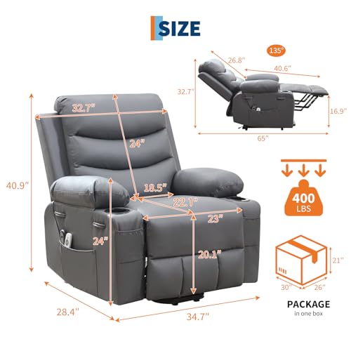 GarveeHome Power Lift Recliner Chair, Oversize Electric Recliners for Elderly with Heat and Massage, Stand Assist with Cup Holders, Side Pocket, Single Sofa Seat for Living Room, White