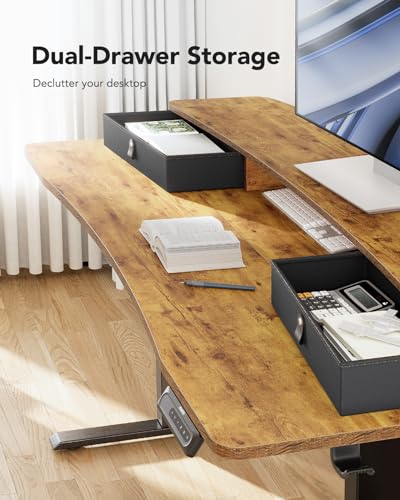 HUANUO 48″ x 24″ Electric Standing Desk with 2 Drawers, C-Clamp Mount Compatible, Height Adjustable Computer Desk, Home Office Stand Up Desk with 4 Preset Heights & 2 Hooks, Black