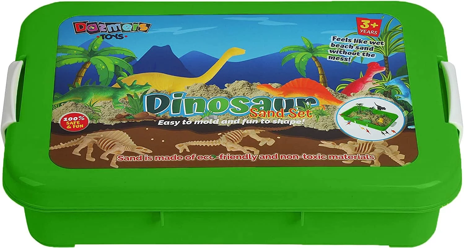Dinosaur Play Sand Kit - Sensory Bin, 2 Bags of Sand, 34 Pieces with Bin, Lid, Figures, Molds, Trees, Fences