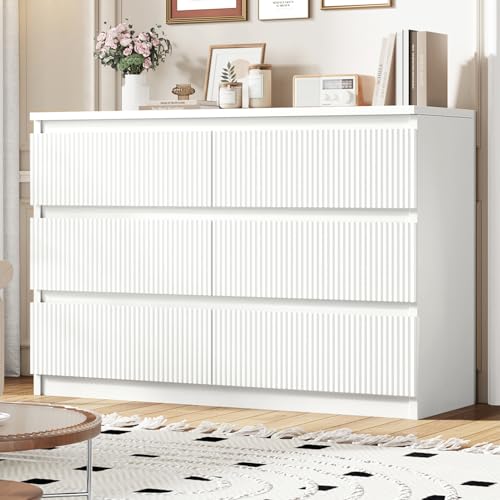 White 6 Drawer Dresser for Bedroom, Modern Fluted Dresser with Deep Drawers, Large Double Wooden Chest of Drawers for Living Room, Hallway, Entryway (White)
