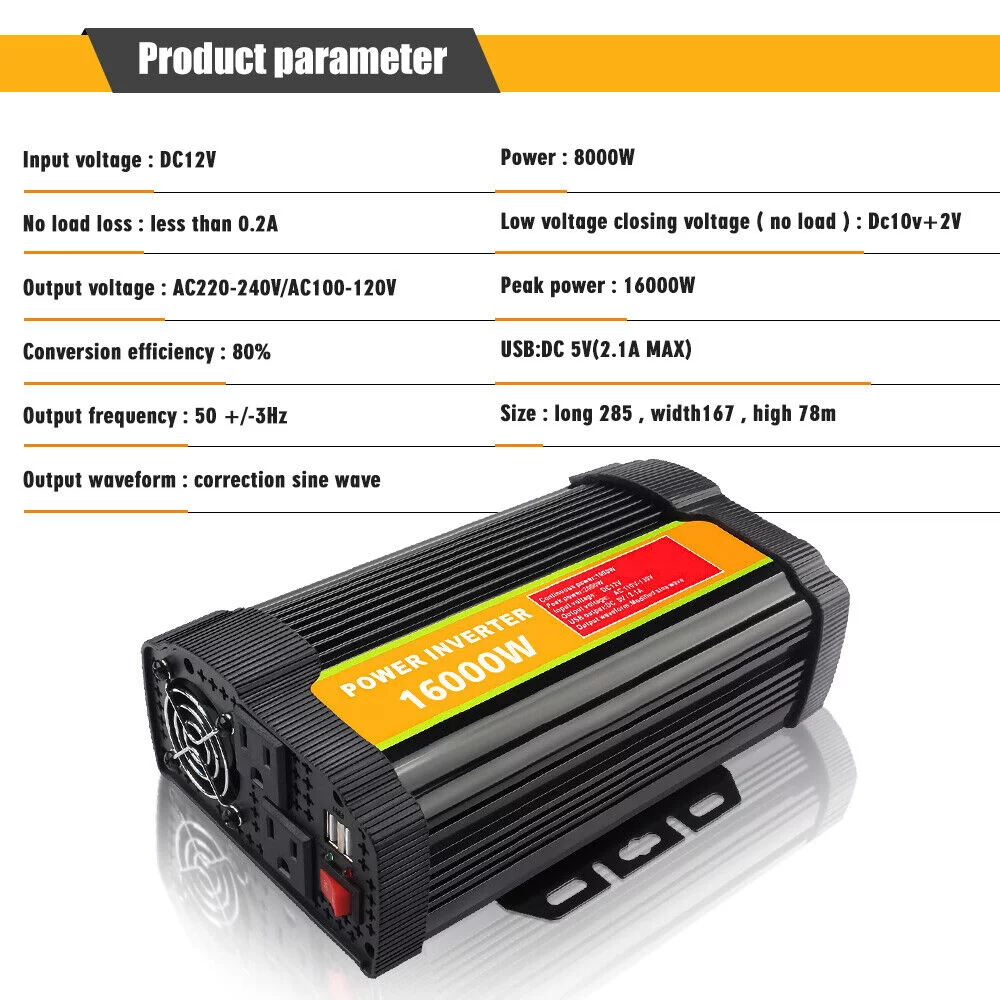 MDHAND Power Inverters,8000 Watts 16000 Watts Pure Sine Wave Power Inverter DC 12V to AC 100V 120V Car Converter with Dual Ac Outlet and USB Car Charger