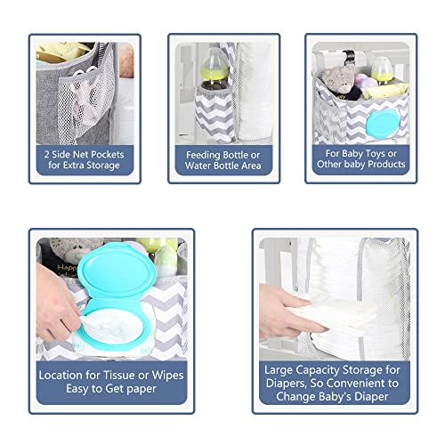 Hanging Diaper Caddy, Baby Bed Hanging Organizer, Nursery Organization Baby Diaper Holder, Diaper Stacker Storage for Crib, Playard, Changing Table or Wall (Gray&White)