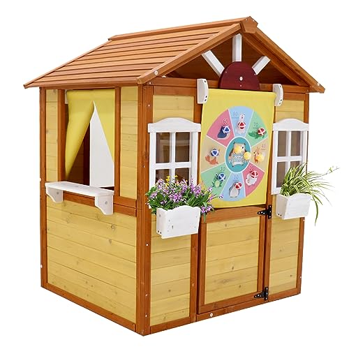 Outdoor Playhouse for Kids Wooden Cottage with Working Doors Windows Pretend Play House