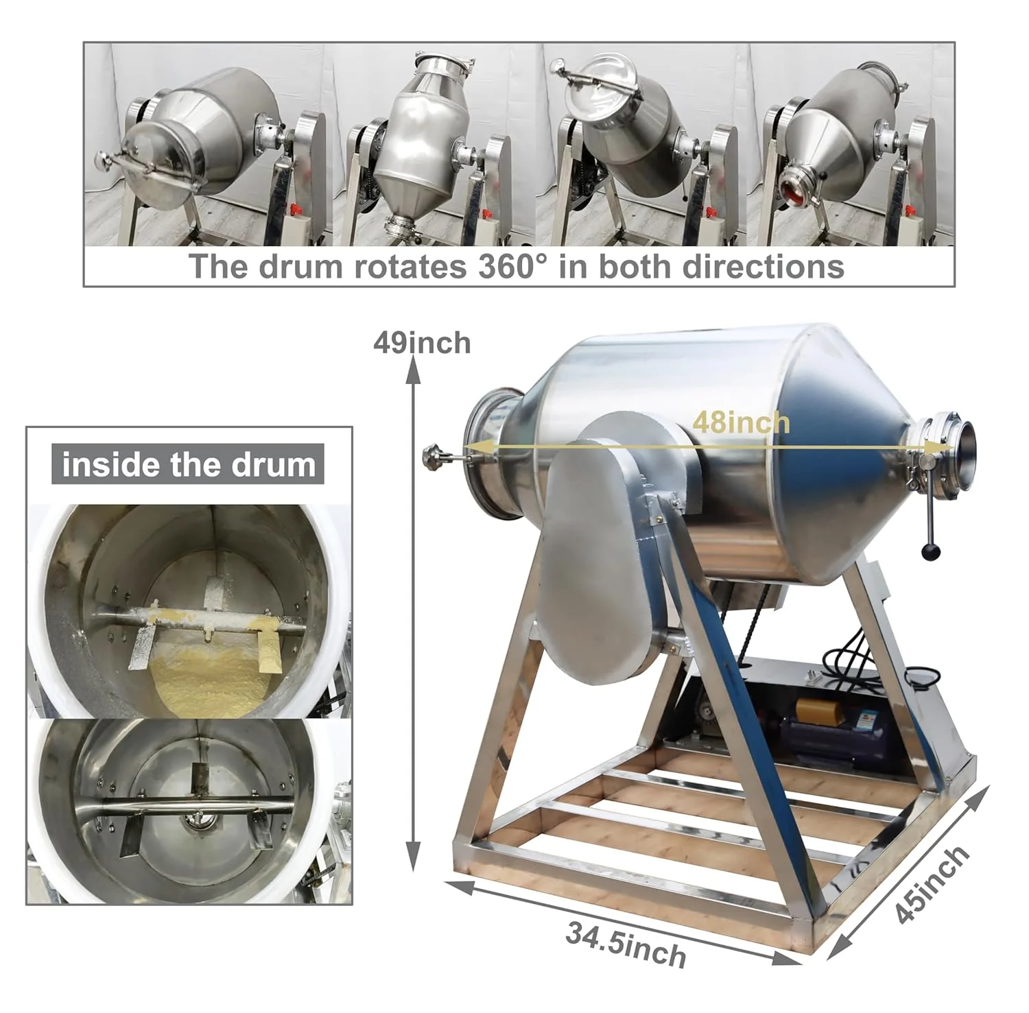 PreAsion 200L Stainless Steel Dry Powder Mixer Metal Metallurgy Powder Blender Drum Particle Mixing Machine 110V