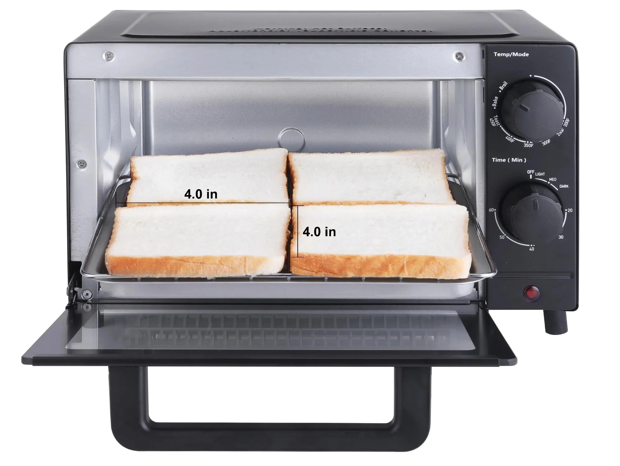 Versatile 4-Slice Toaster Oven: 3 Settings, Baking Rack, and Pan in Sleek Black Design