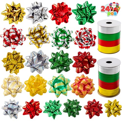 JOYIN 24 PCS Christmas Bows and Gift Ribbons with 22 Multi-Colored Assorted Size Gift Bows and 2 Rolls of Curling Ribbons for Present Christmas Wrapping Decoration