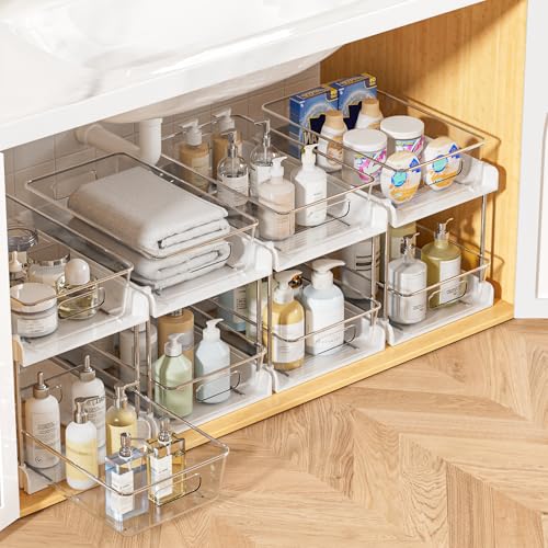 Vtopmart 4 Pack Bathroom Organizer, 2 Tier Clear Under Sink Organizers Vanity Countertop Storage Container,Cabinet Drawers Bins, Pull-Out Organization with Track for Pantry, Kitchen