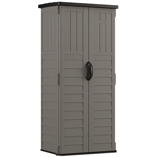 Suncast 22 Cubic Ft. Vertical Resin Outdoor Storage Shed with Lockable Double Doors, Weather-Resistant Multi-Wall Panels, Stoney