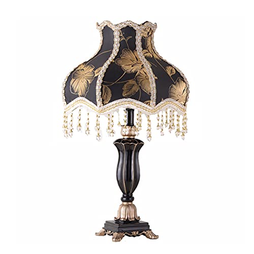 European Style Table Lamps Handmade Fabric Lampshade Victorian 22 Inch Desk Lamp Antique Painted Resin Base Bedside Light for Bedroom Living Room Office,Black1