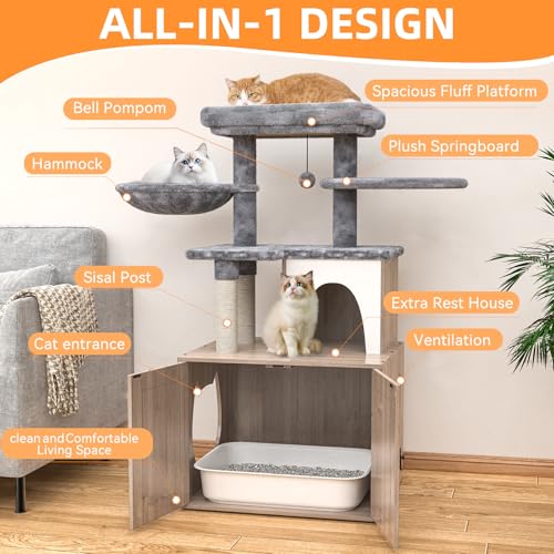 Litter Box Enclosure with Cat Tree,Cat Tree with Litter Box Enclosure,Hidden Pet Washroom Furniture with Sisal Scratching Post,Hammocks,Condo,Multiple Platform,Soft Plush Perch, Grey