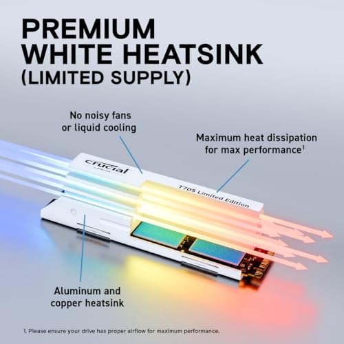 Crucial T705 2TB PCIe Gen5 NVMe M.2 SSD - Up to 14,500 MB/s - Game Ready - Internal Solid State Drive (PC) - +1mo Adobe CC - CT2000T705SSD3