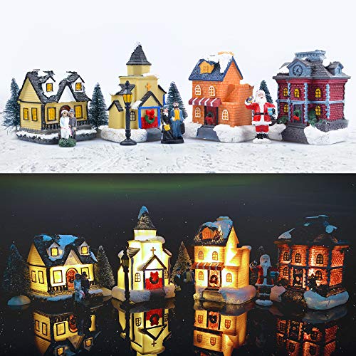 Christmas Village Sets-Christmas Decorations,LED Lighted Christmas Village Houses with Figurines, Christmas Village Collection Indoor Room Decor - Collectible Buildings