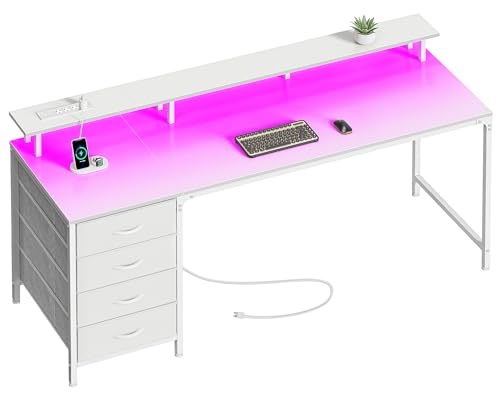 Huuger 47 Inch Computer Desk with Power Outlets and LED Lights, Gaming Desk with 4 Drawers, Office Desk with Monitor Stand, Study Work Home Office, Small Spaces, Black